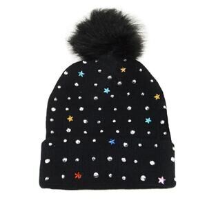 New! Maniere Big Girls Youth Studded Stars Pom Pom Beanie Winter Hat